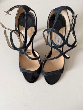 Jimmy Choo Black Navy Glitter Strappy Stiletto Sandals